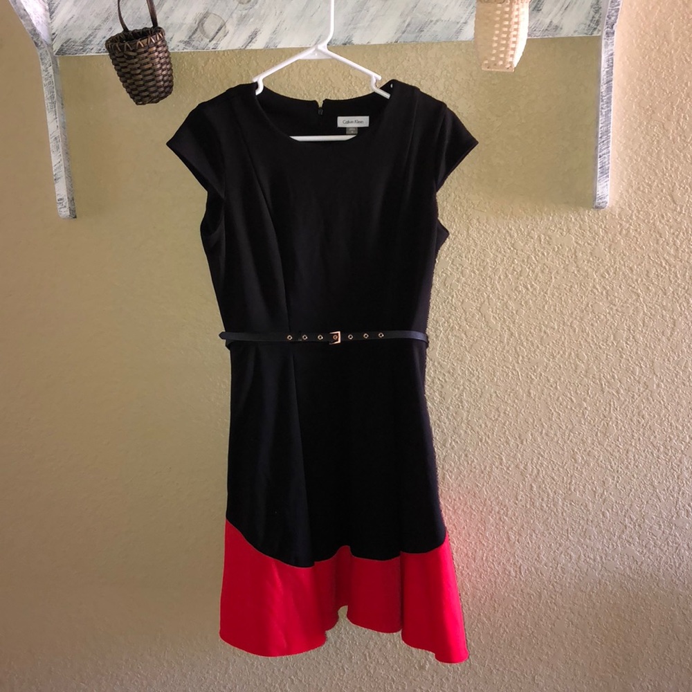 Calvin Klein Black and Red Colorblock Midi Dress